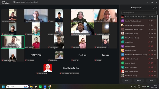 Bawaslu Kota Pekanbaru kembali melaksanakan program Jumat Sehati secara daring melalui aplikasi Zoom.